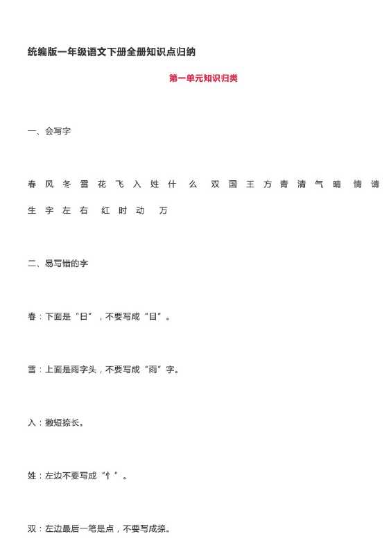8【VIP独享】统编版一年级语文下册全册知识点归纳文档（PDF文档26页电子档下载）