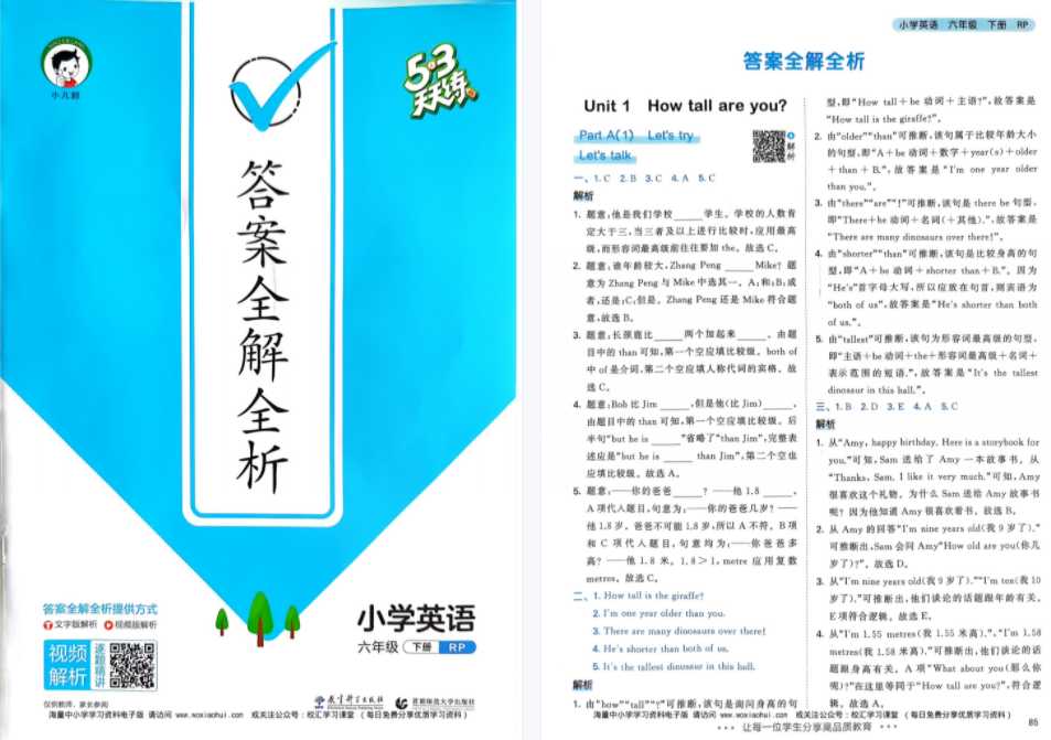 2023春季版六年级下册《53天天练》小学英语 参考答案（人教PEP）六下 英语答案解析 电子版【85页PDF打印文档】百度网盘