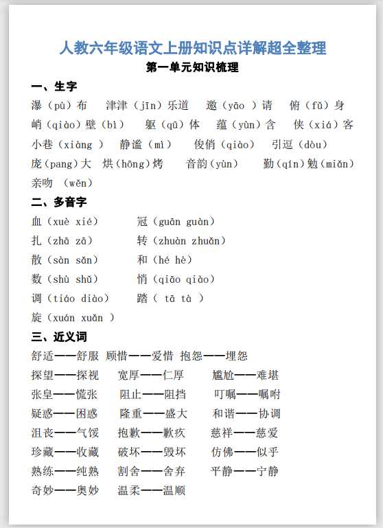 人教六年级语文上册知识点详解超全整理（PDF文档24页电子档下载）