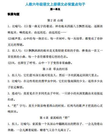 8人教六年级语文上册课文必背重点句子（PDF文档6页电子档下载）