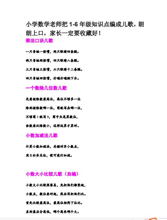 小学数学老师把1-6年级知识点编成儿歌，朗朗上口，家长一定要收藏好！（pdf文档22电页子档下载）