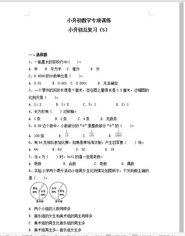 【精品】小升初数学知识专项训练-总复习（5）（28页）（DOC文档28页电子档下载）