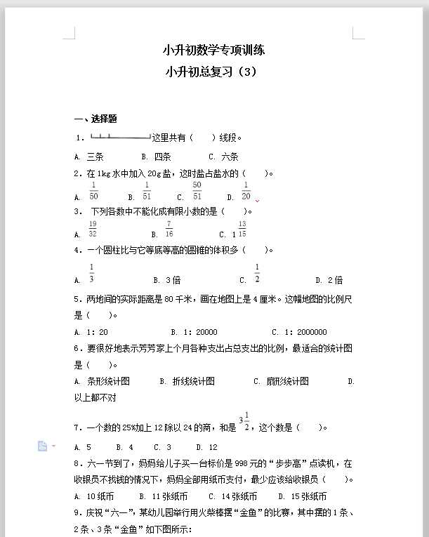 【精品】小升初数学知识专项训练-小升初总复习（3）通用版（26页）（DOC文档26页电子档下载）