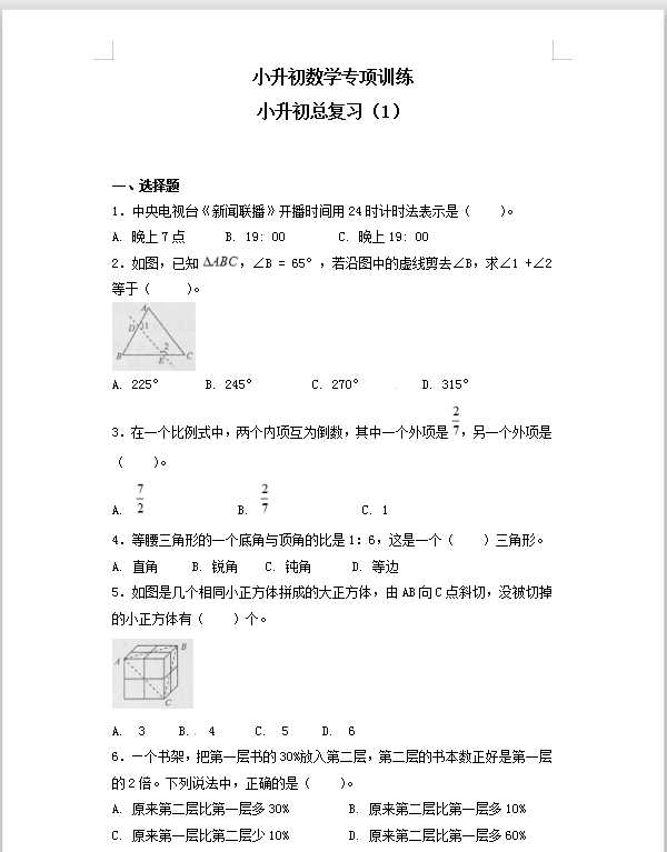 【精品】小升初数学知识专项训练-小升初总复习（1）通用版（25页）（DOC文档25页电子档下载）