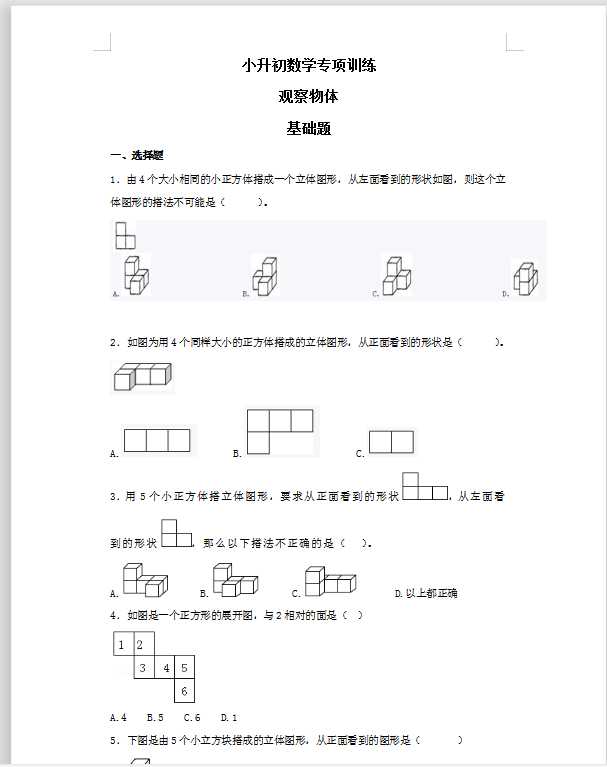 【精品】小升初数学知识专项训练（空间与图形）- 11观察物体（19页）（DOC文档共19页电子版下载）