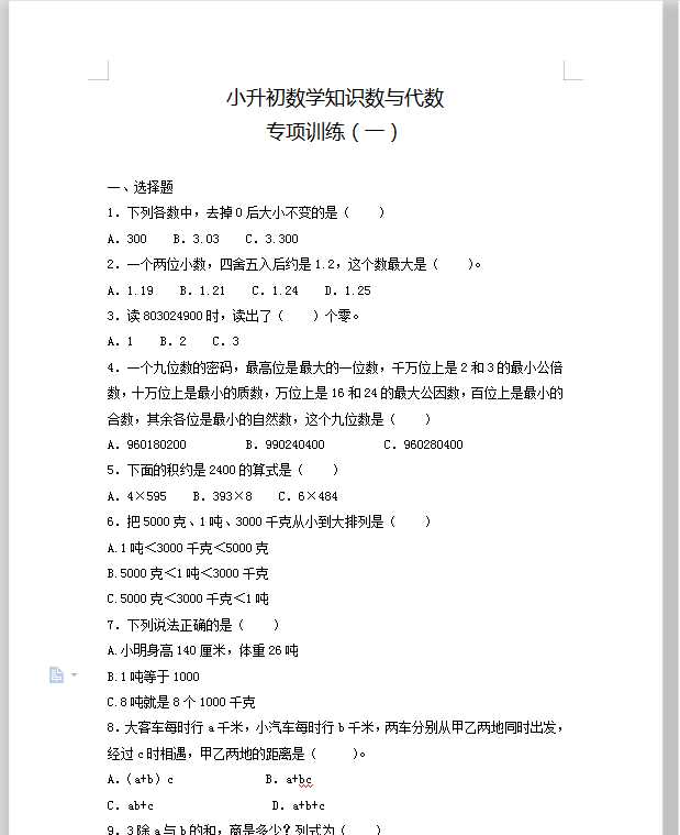 【精品】小升初数学知识数与代数专项训练（一）（23页）（DOC文档共23页电子版下载）