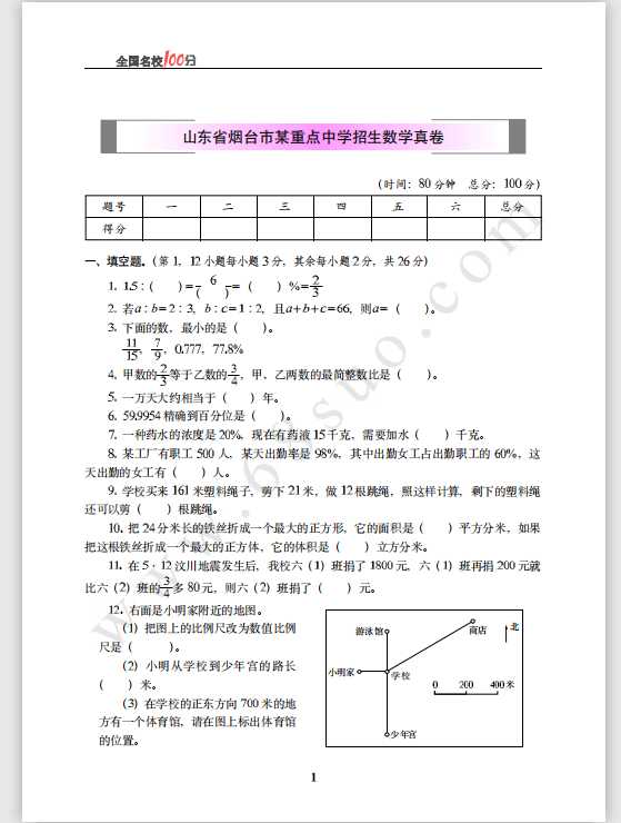 山东省烟台市某重点中学招生数学真卷含答案（PDF文档共6页电子版下载）