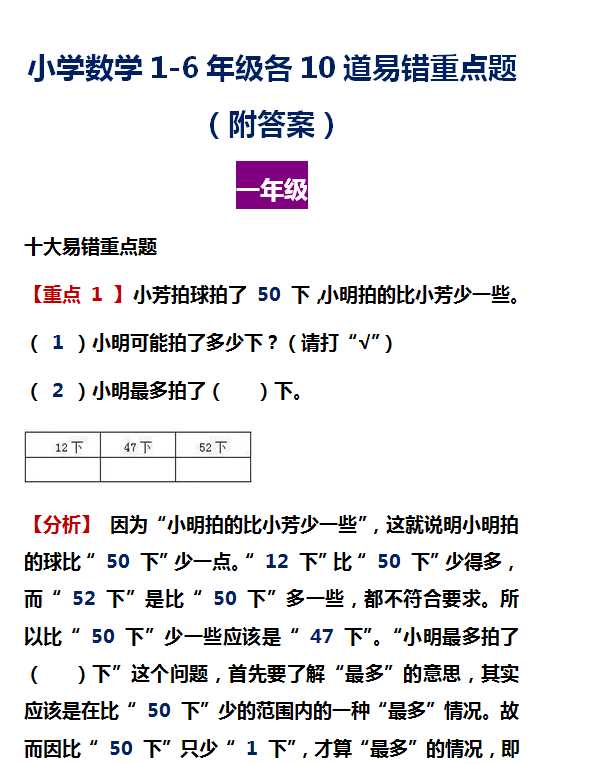 【打印版】1-6年级数学十大易错重点题（附解题过程及答案）精编60道题【38页DOC文档】百度网盘下载