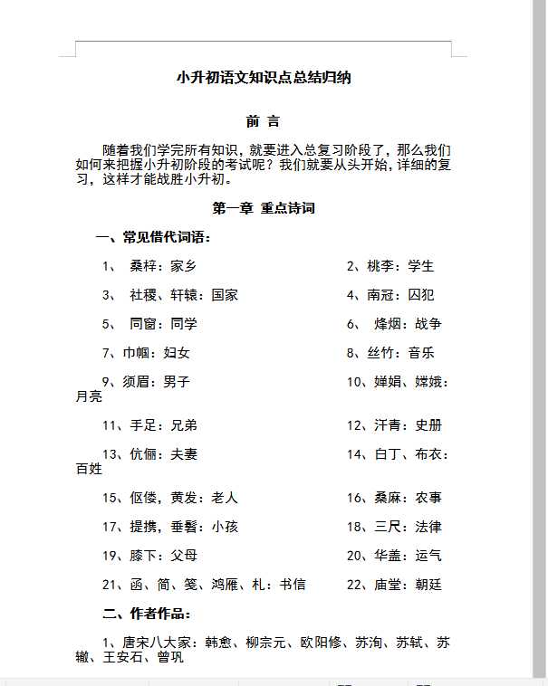 2021年小升初语文知识点总结归纳（DOC文档共22页电子版下载）