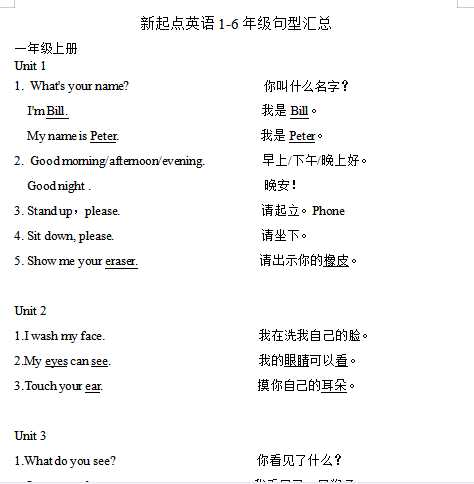 【打印版】一年级-英语人教版新起点常用句子【3页DOC文档】百度网盘下载