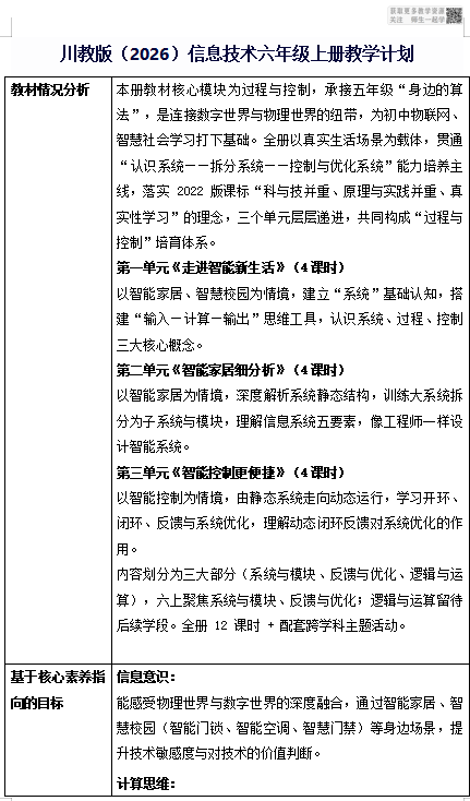 六上信息科技教学计划（川教版2026）